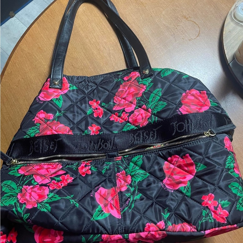 Betsey Johnson Black Tote with Pink Floral Design